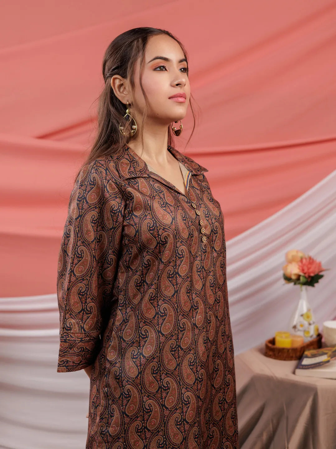 Yufta Cotton Black Digital Printed Workwear Co-Ord Set With Pintuck Detailing On Sleeves - Swadesiicart