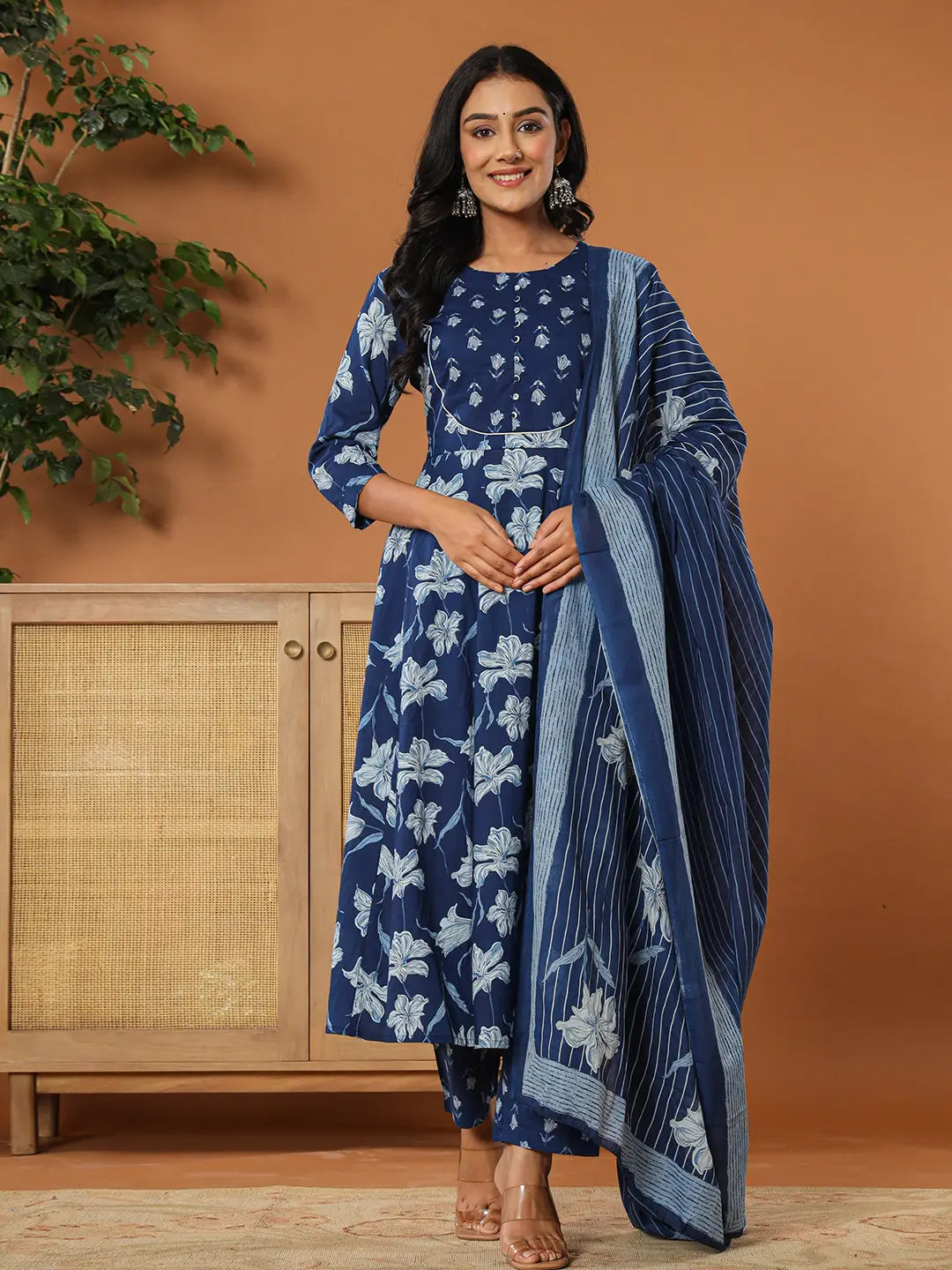 Yufta Cotton Blue Anarkali Dupatta Set - Swadesiicart