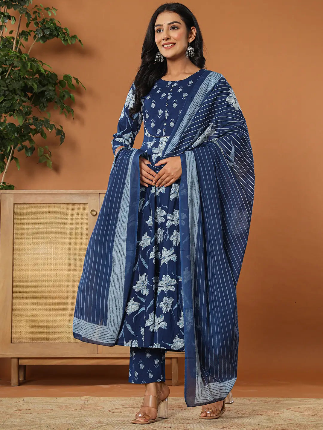 Yufta Cotton Blue Anarkali Dupatta Set - Swadesiicart