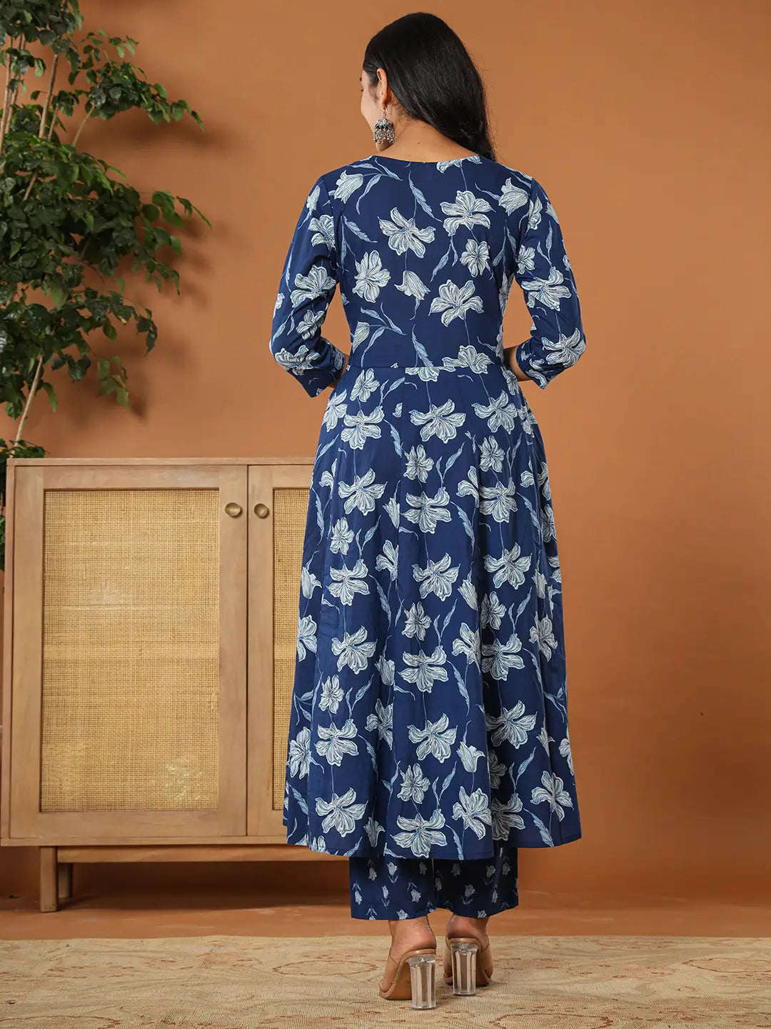 Yufta Cotton Blue Anarkali Dupatta Set - Swadesiicart