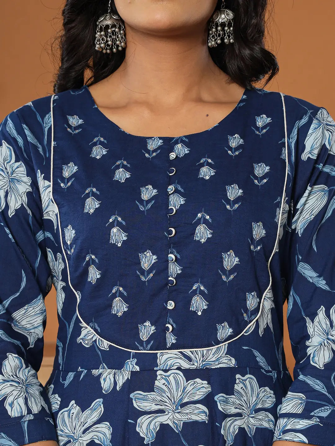 Yufta Cotton Blue Anarkali Dupatta Set - Swadesiicart