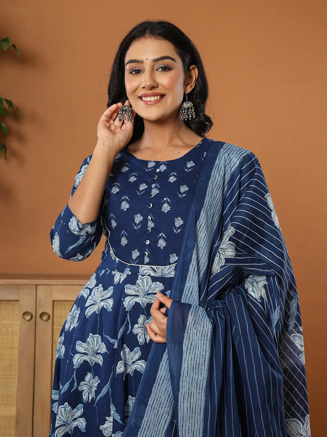 Yufta Cotton Blue Anarkali Dupatta Set - Swadesiicart