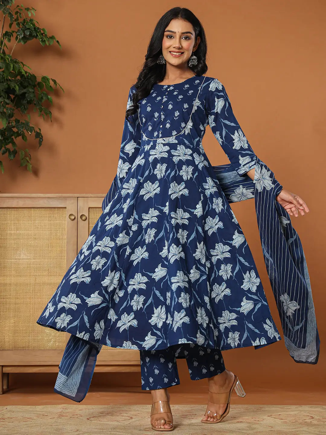 Yufta Cotton Blue Anarkali Dupatta Set - Swadesiicart