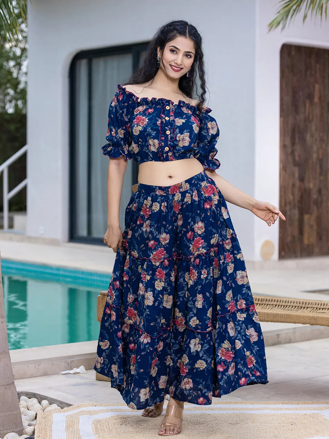 Yufta Cotton Blue Skirt Co-Ord Set - Swadesiicart