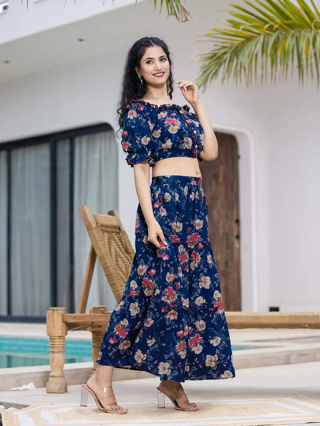 Yufta Cotton Blue Skirt Co-Ord Set - Swadesiicart