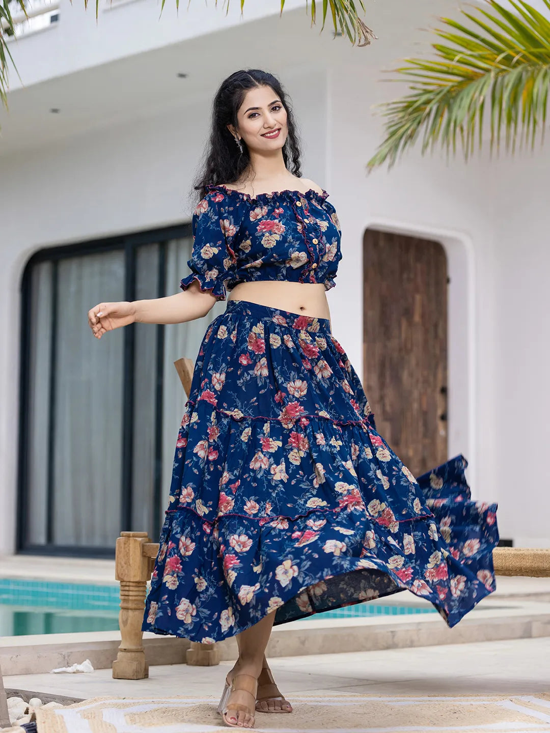 Yufta Cotton Blue Skirt Co-Ord Set - Swadesiicart