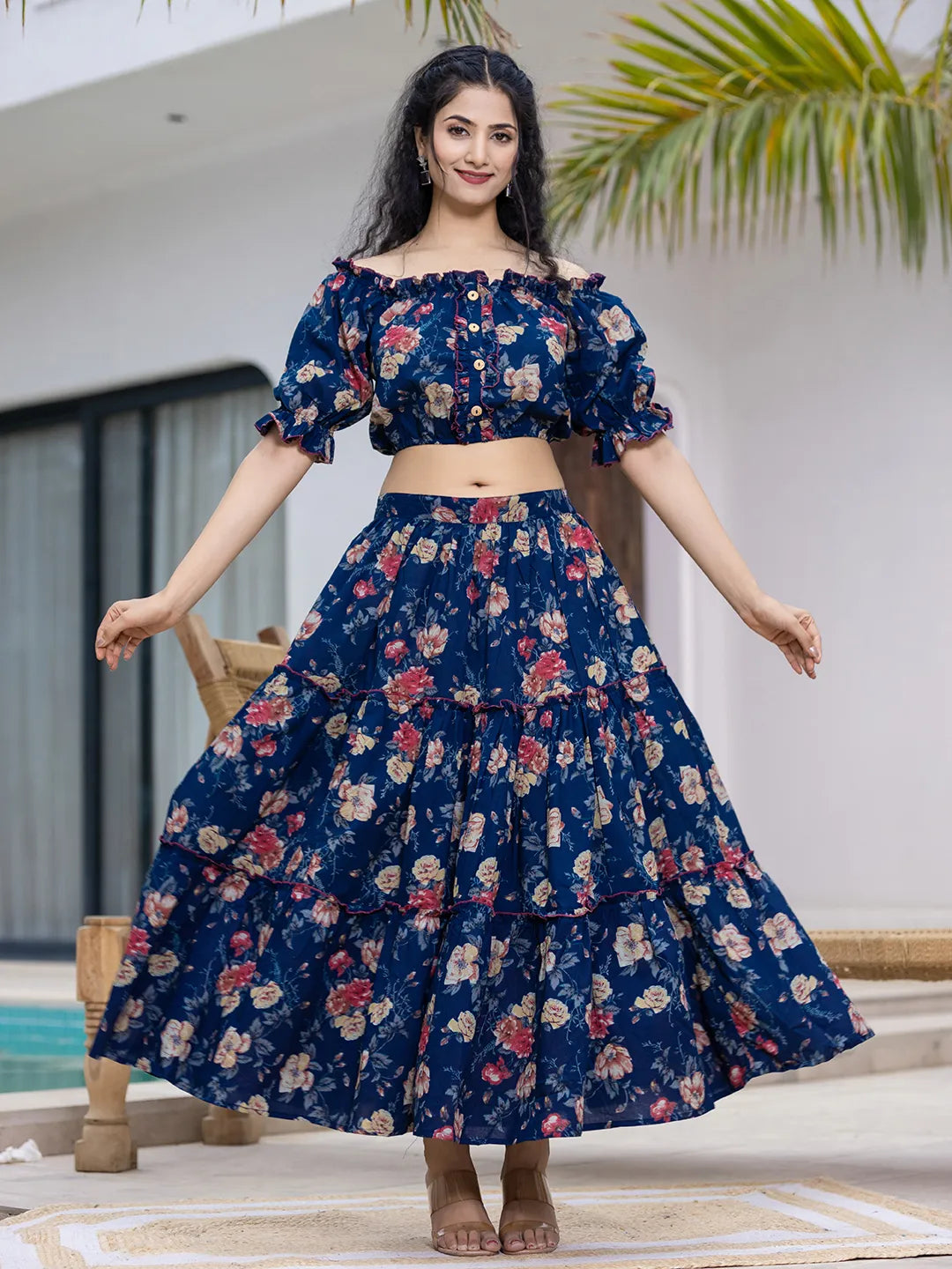 Yufta Cotton Blue Skirt Co-Ord Set - Swadesiicart