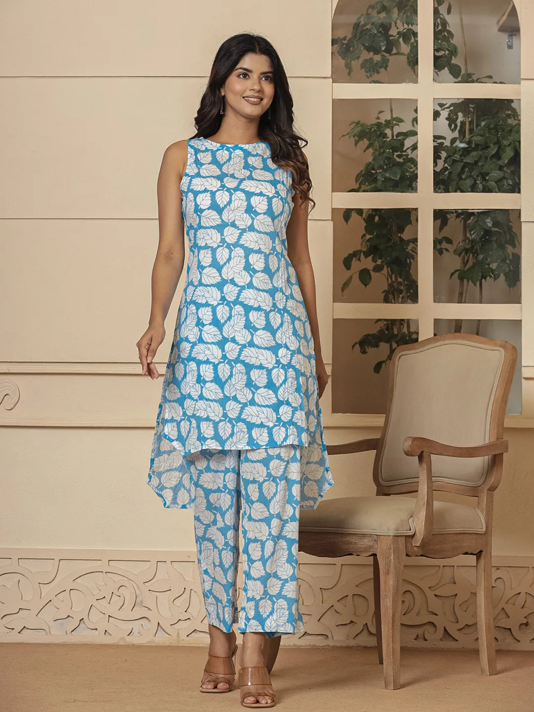 Yufta Cotton Blue Summer Leaf Print Co-Ord Set - Swadesiicart