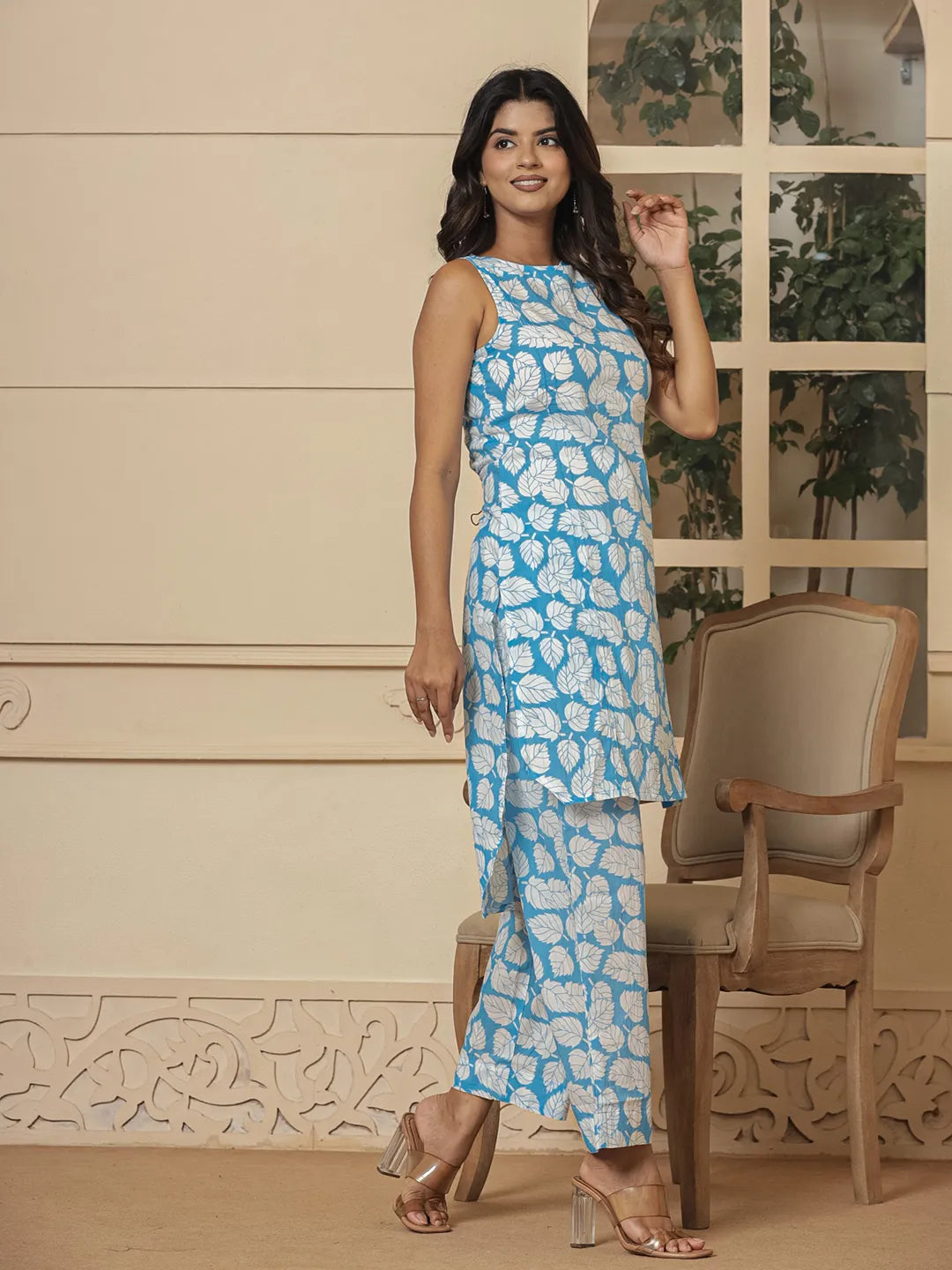 Yufta Cotton Blue Summer Leaf Print Co-Ord Set - Swadesiicart