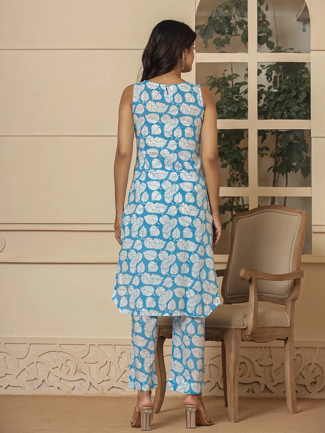 Yufta Cotton Blue Summer Leaf Print Co-Ord Set - Swadesiicart