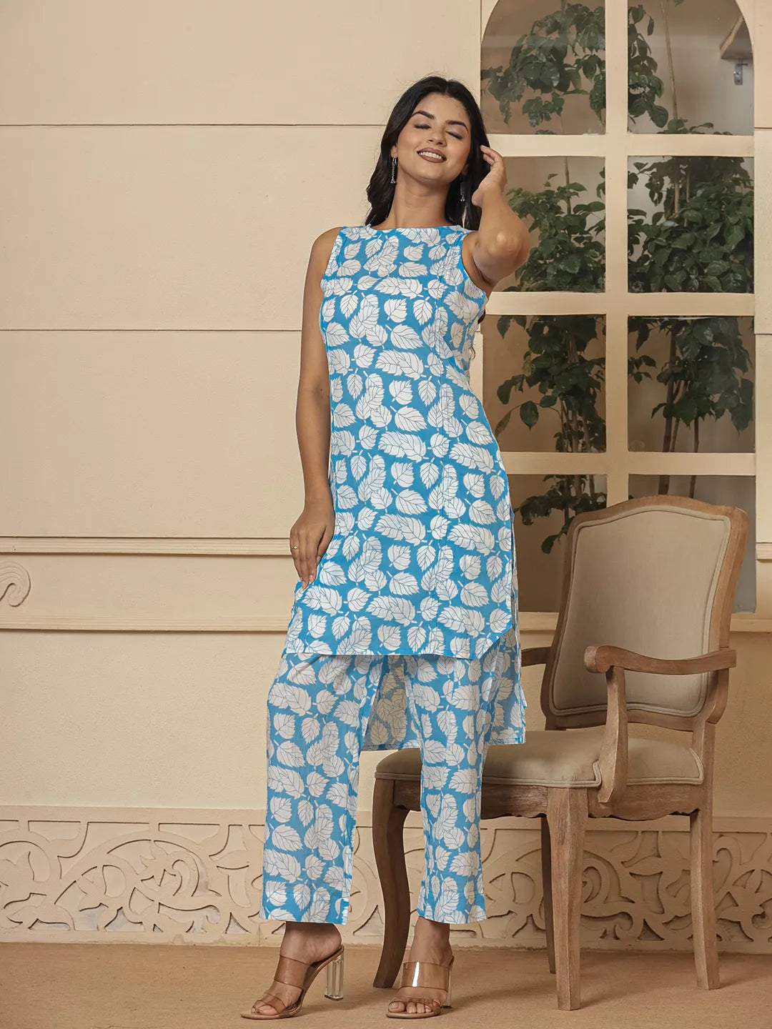 Yufta Cotton Blue Summer Leaf Print Co-Ord Set - Swadesiicart