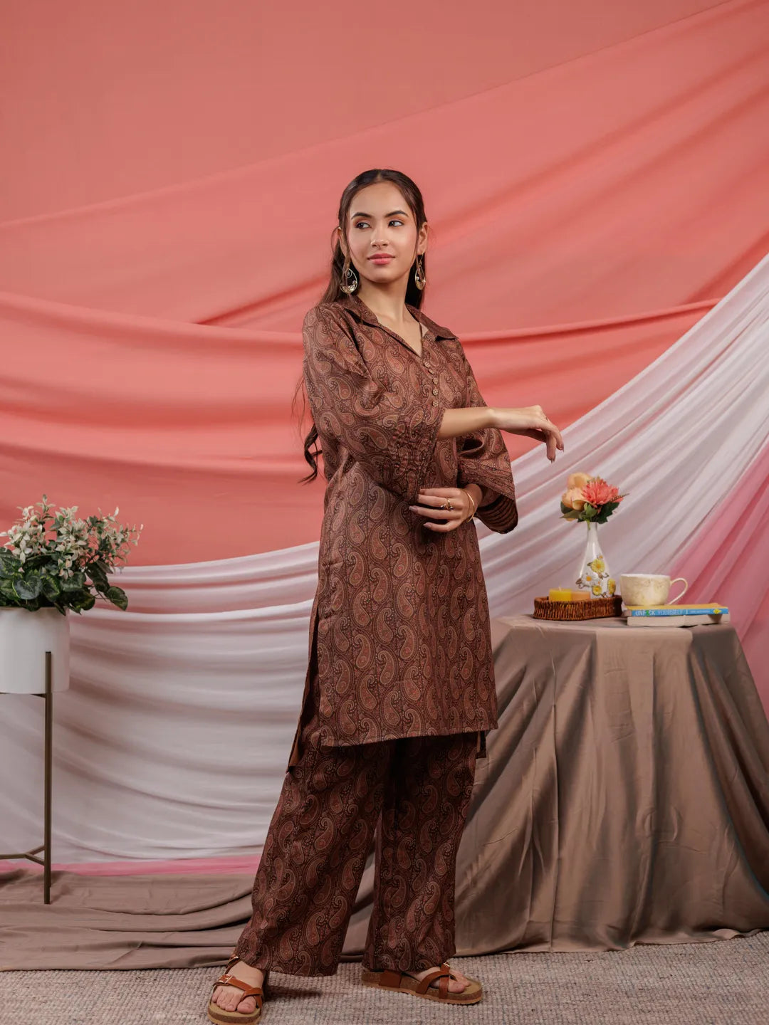 Yufta Cotton Brown Digital Printed Workwear Co-Ord Set With Pintuck Detailing On Flared Sleeves - Swadesiicart