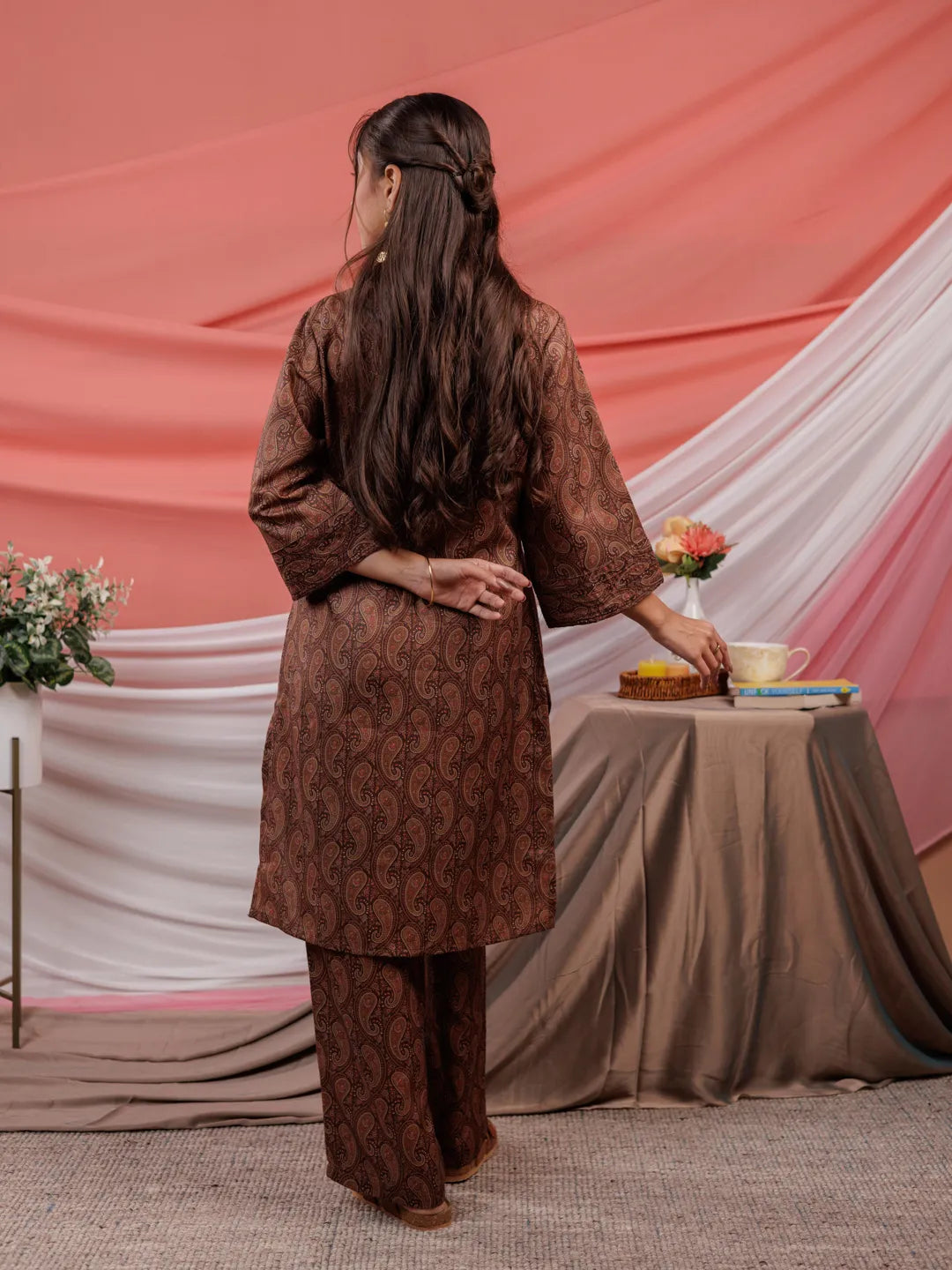 Yufta Cotton Brown Digital Printed Workwear Co-Ord Set With Pintuck Detailing On Flared Sleeves - Swadesiicart