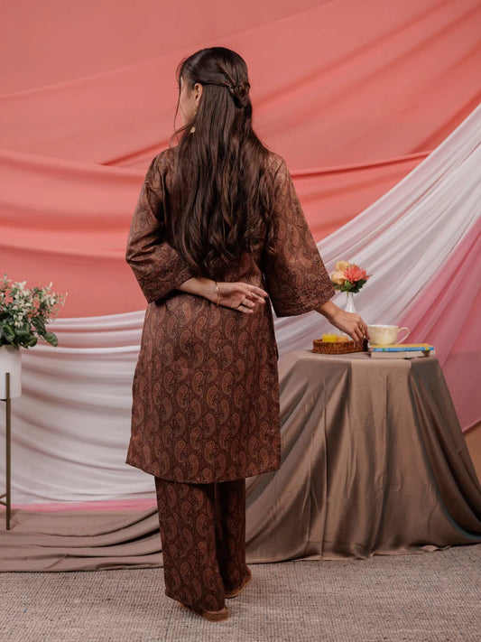Yufta Cotton Brown Digital Printed Workwear Co-Ord Set With Pintuck Detailing On Flared Sleeves - Swadesiicart