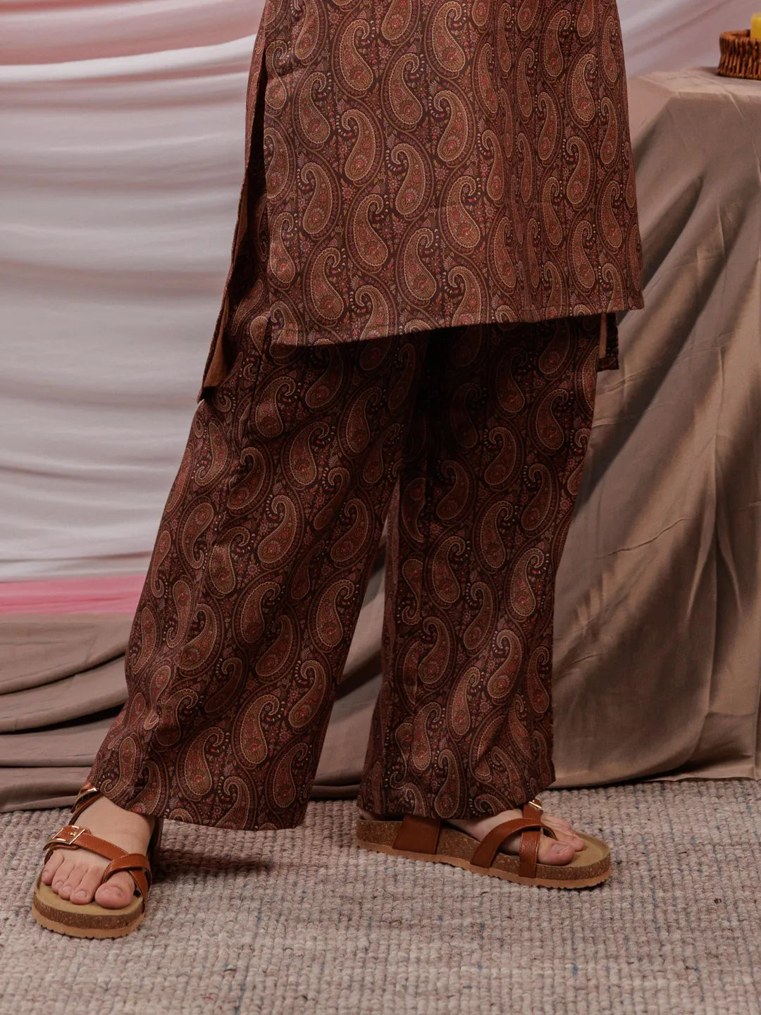 Yufta Cotton Brown Digital Printed Workwear Co-Ord Set With Pintuck Detailing On Flared Sleeves - Swadesiicart
