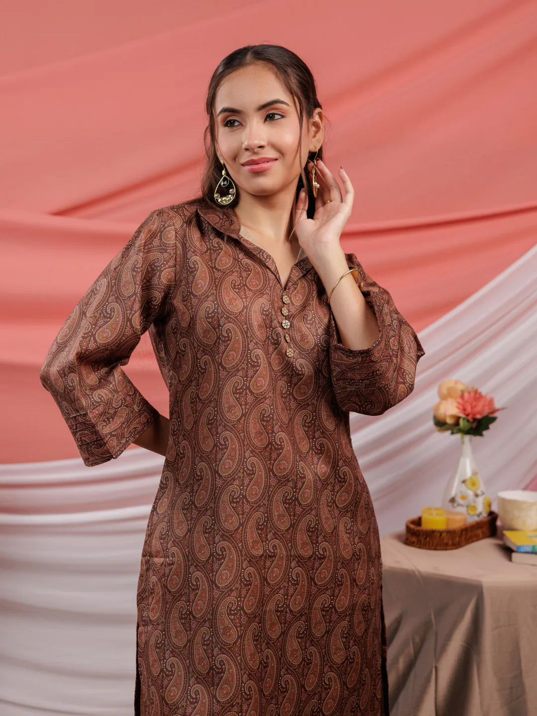 Yufta Cotton Brown Digital Printed Workwear Co-Ord Set With Pintuck Detailing On Flared Sleeves - Swadesiicart