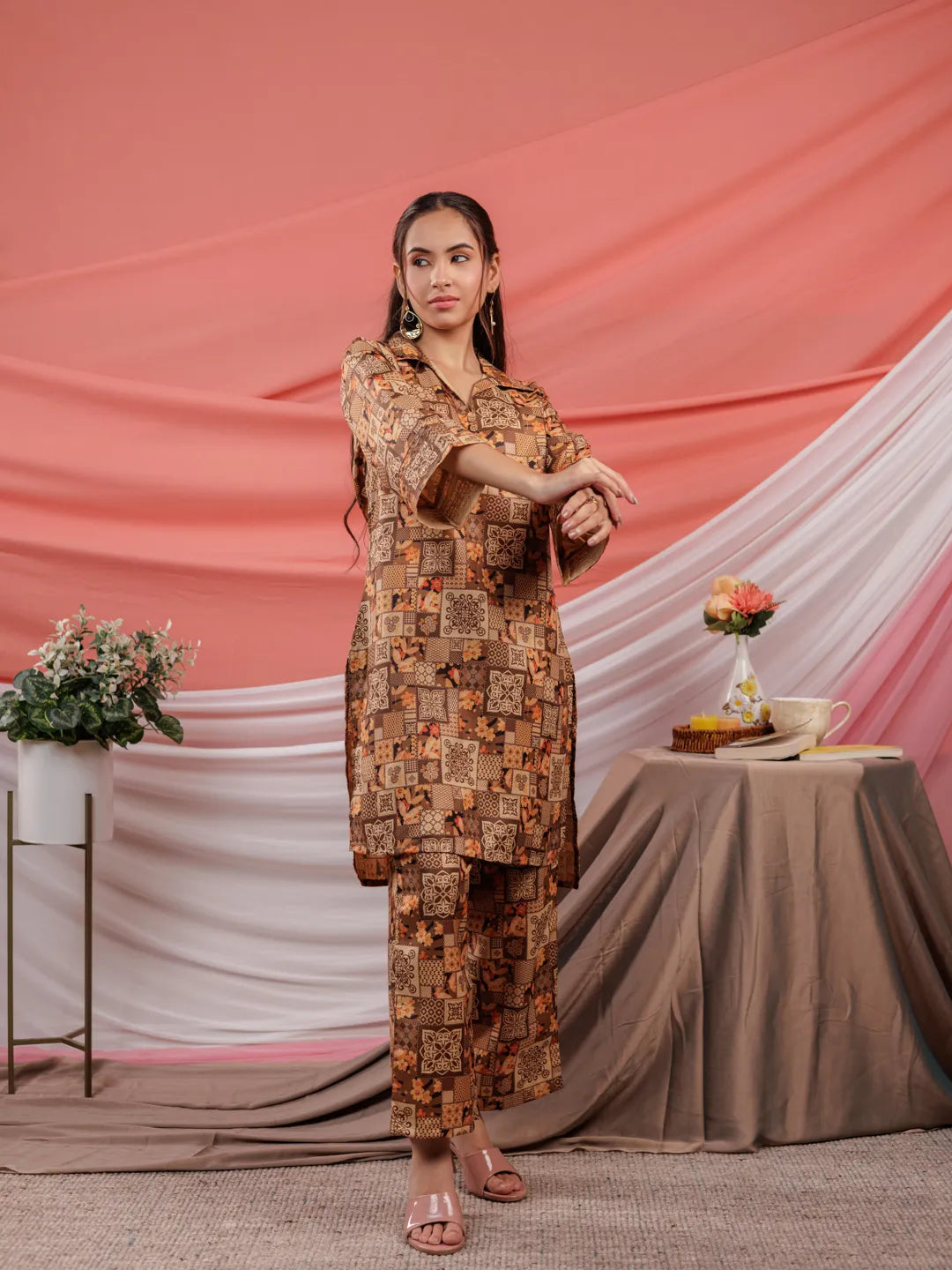 Yufta Cotton Brown Digital Printed Workwear Co-Ord Set With Pintuck Detailing On Sleeves - Swadesiicart