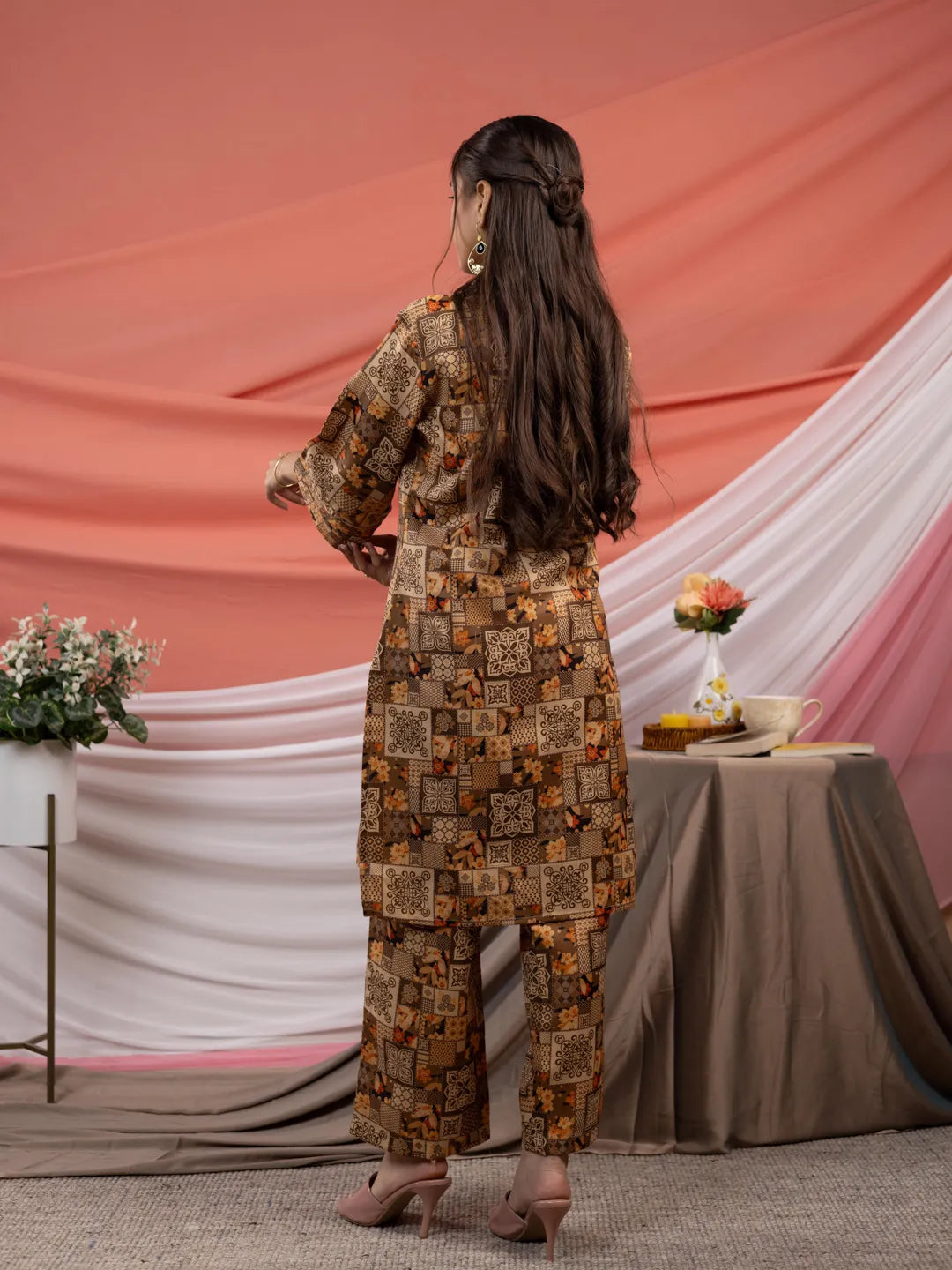 Yufta Cotton Brown Digital Printed Workwear Co-Ord Set With Pintuck Detailing On Sleeves - Swadesiicart