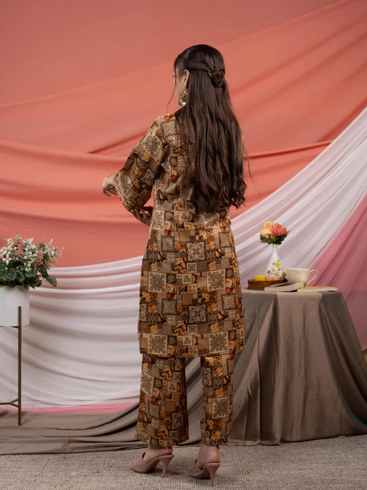 Yufta Cotton Brown Digital Printed Workwear Co-Ord Set With Pintuck Detailing On Sleeves - Swadesiicart