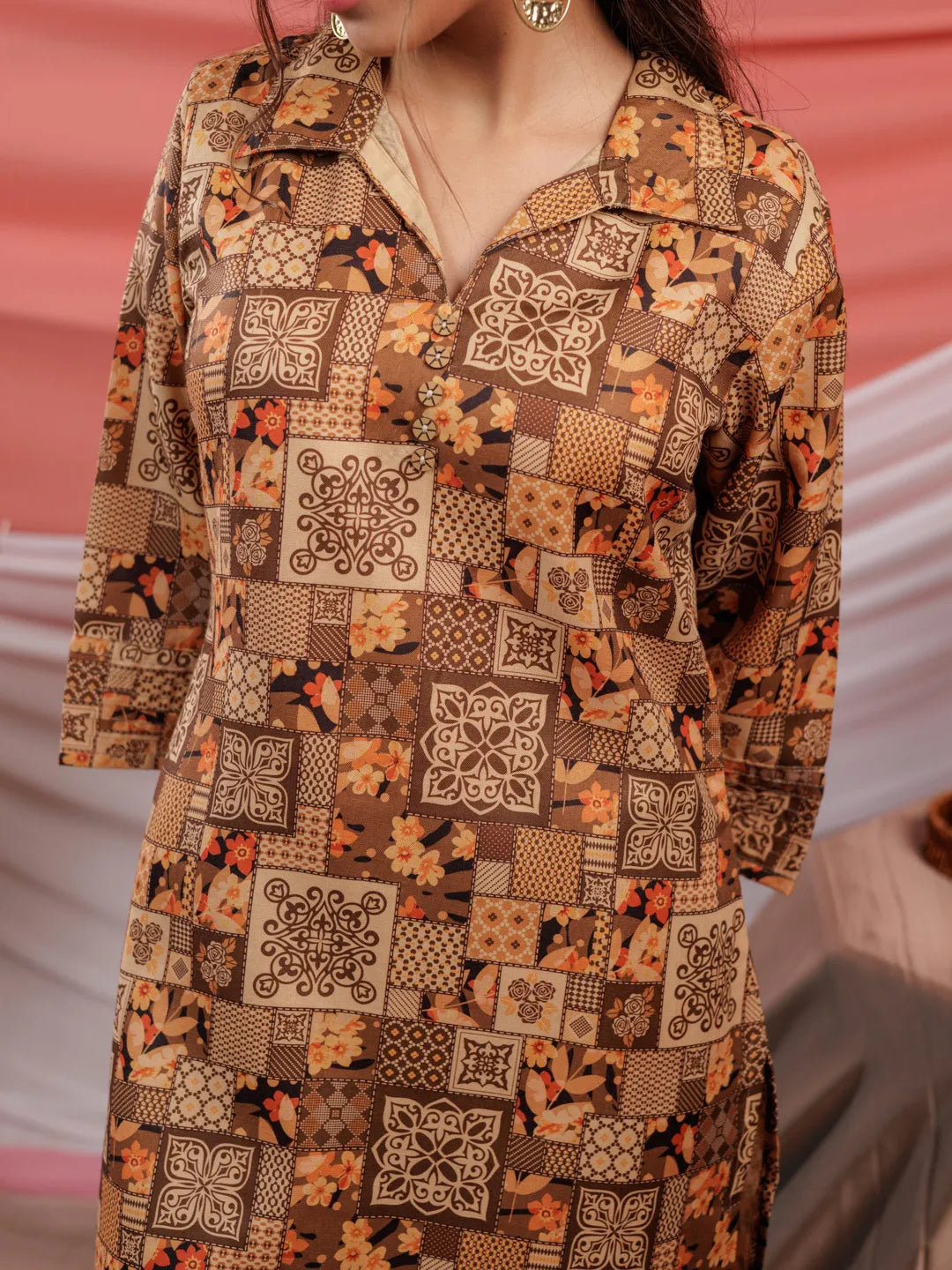 Yufta Cotton Brown Digital Printed Workwear Co-Ord Set With Pintuck Detailing On Sleeves - Swadesiicart