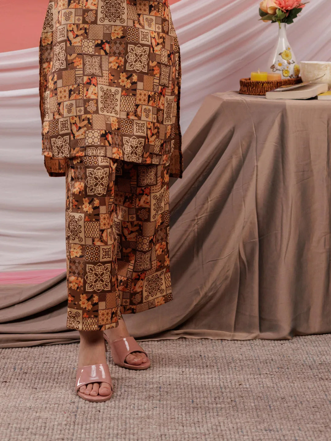 Yufta Cotton Brown Digital Printed Workwear Co-Ord Set With Pintuck Detailing On Sleeves - Swadesiicart