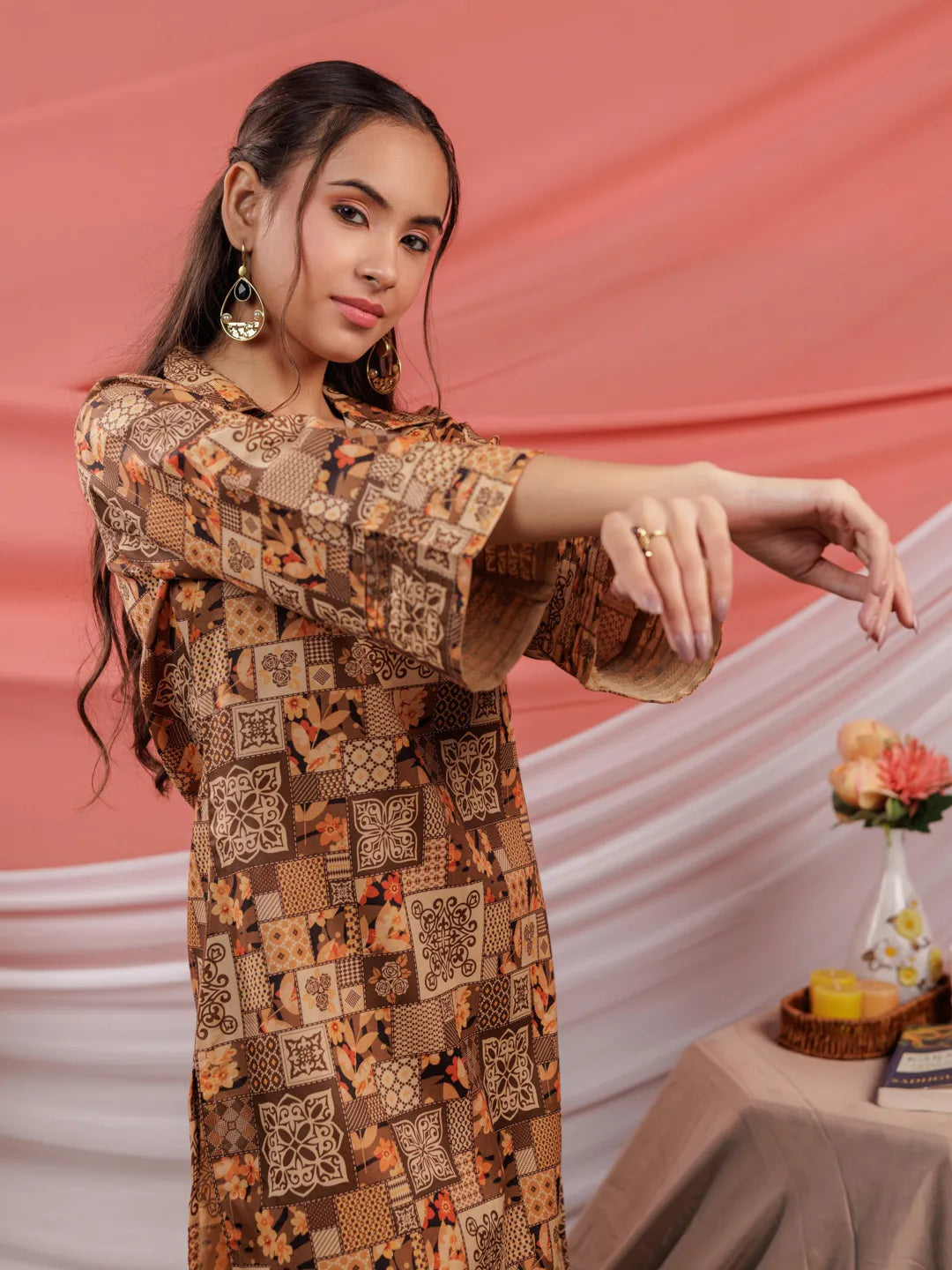 Yufta Cotton Brown Digital Printed Workwear Co-Ord Set With Pintuck Detailing On Sleeves - Swadesiicart