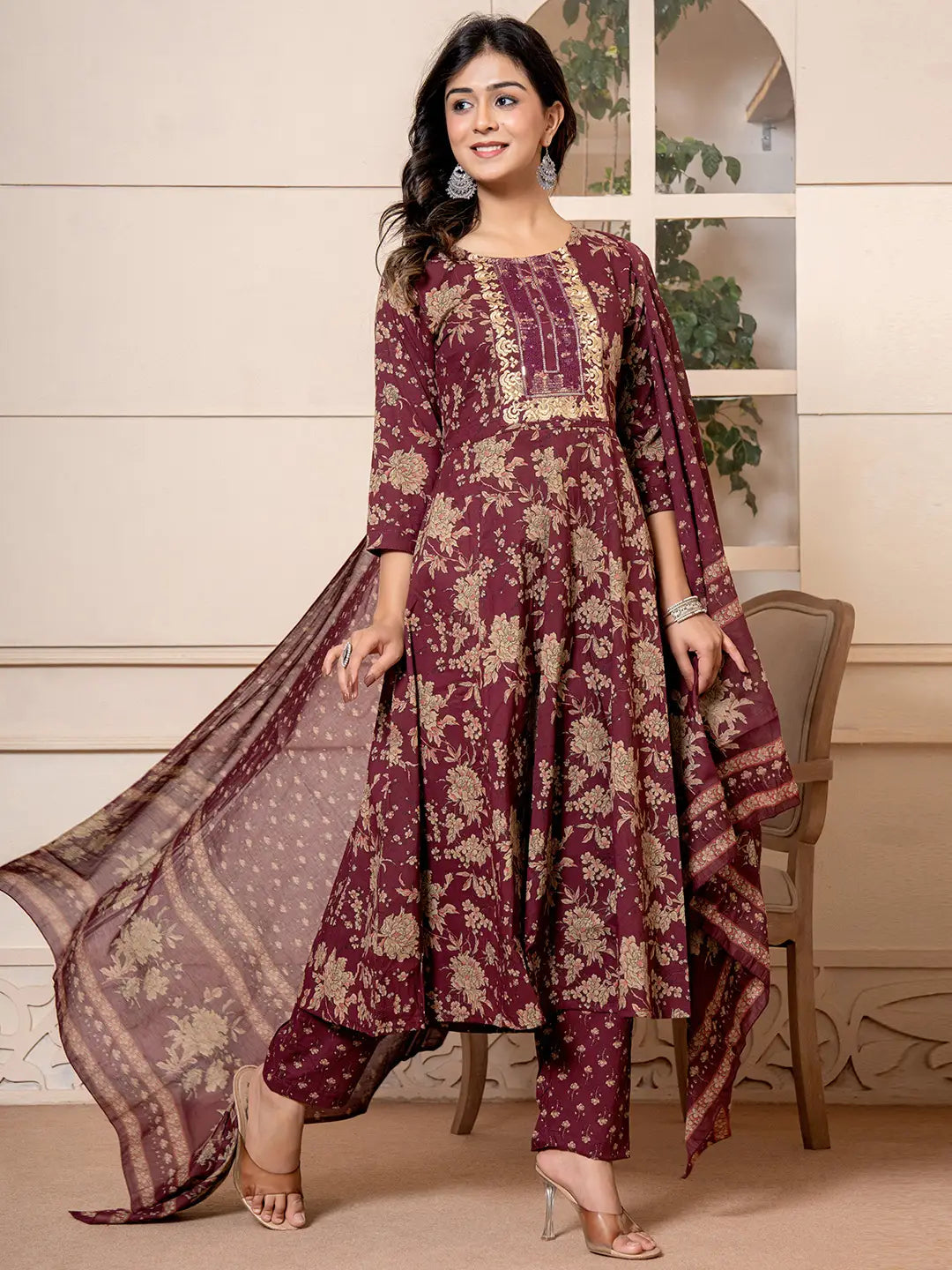 Yufta Cotton Burgundy Anarkali Dupatta Set - Swadesiicart