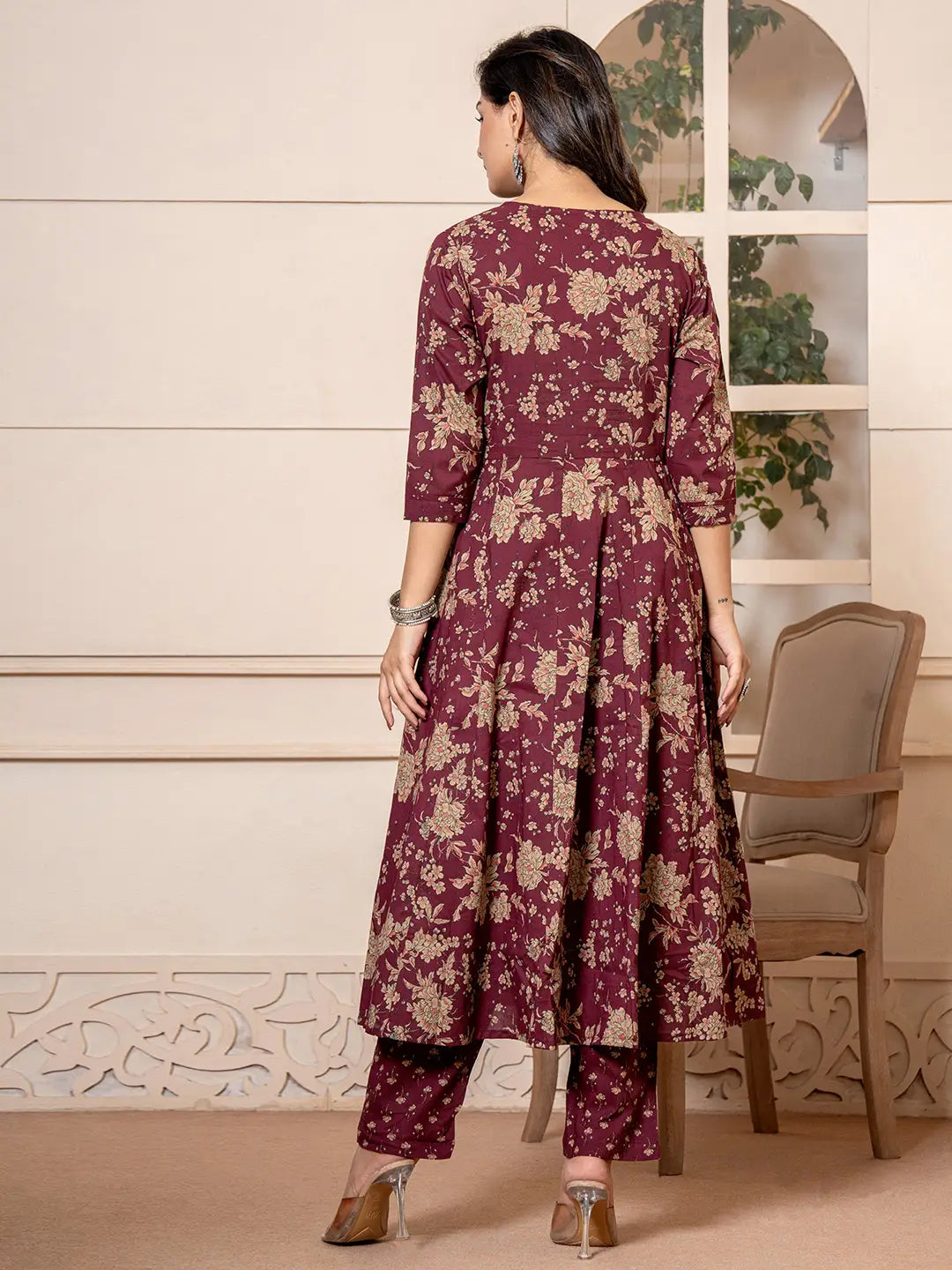 Yufta Cotton Burgundy Anarkali Dupatta Set - Swadesiicart