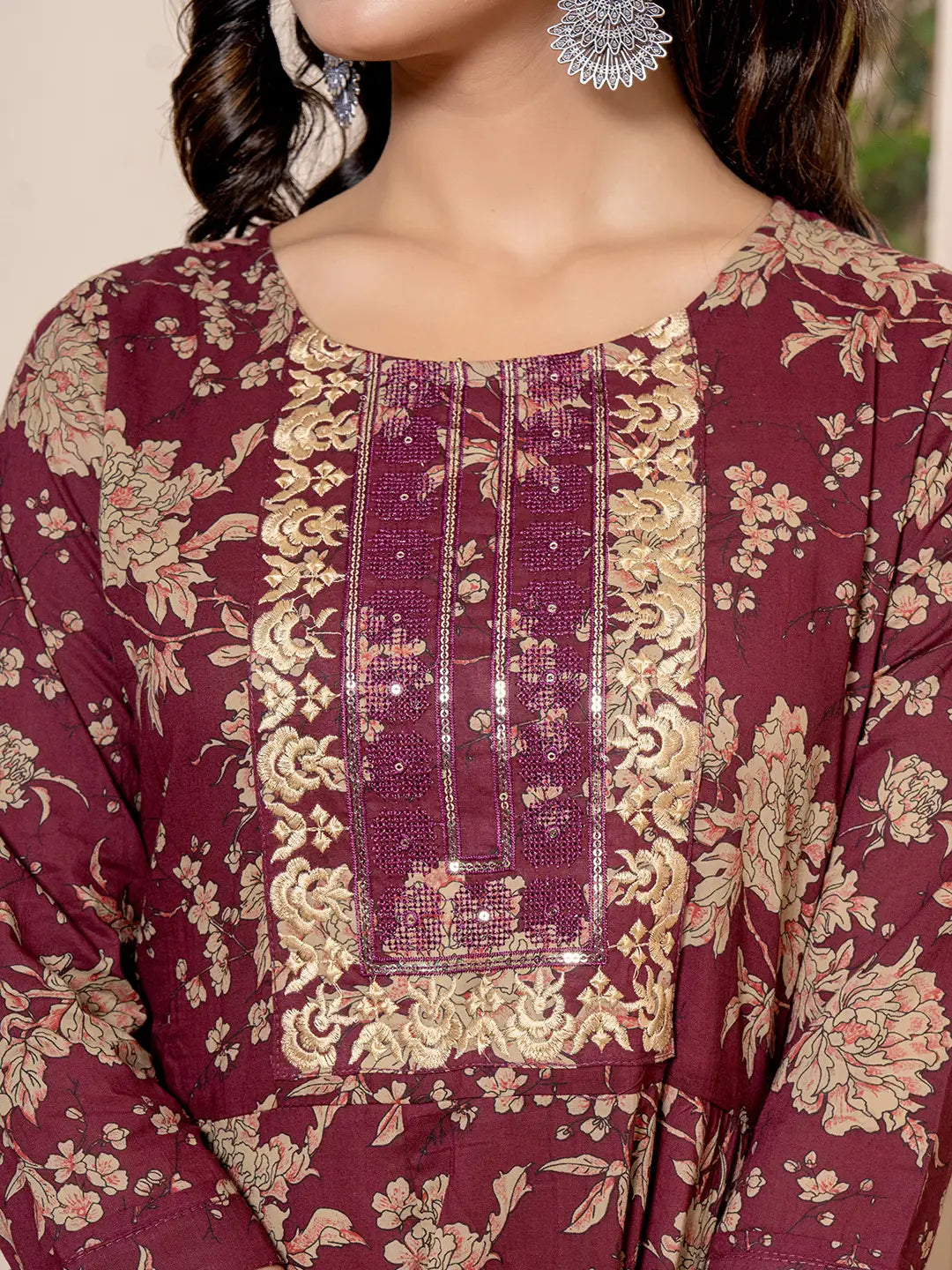 Yufta Cotton Burgundy Anarkali Dupatta Set - Swadesiicart