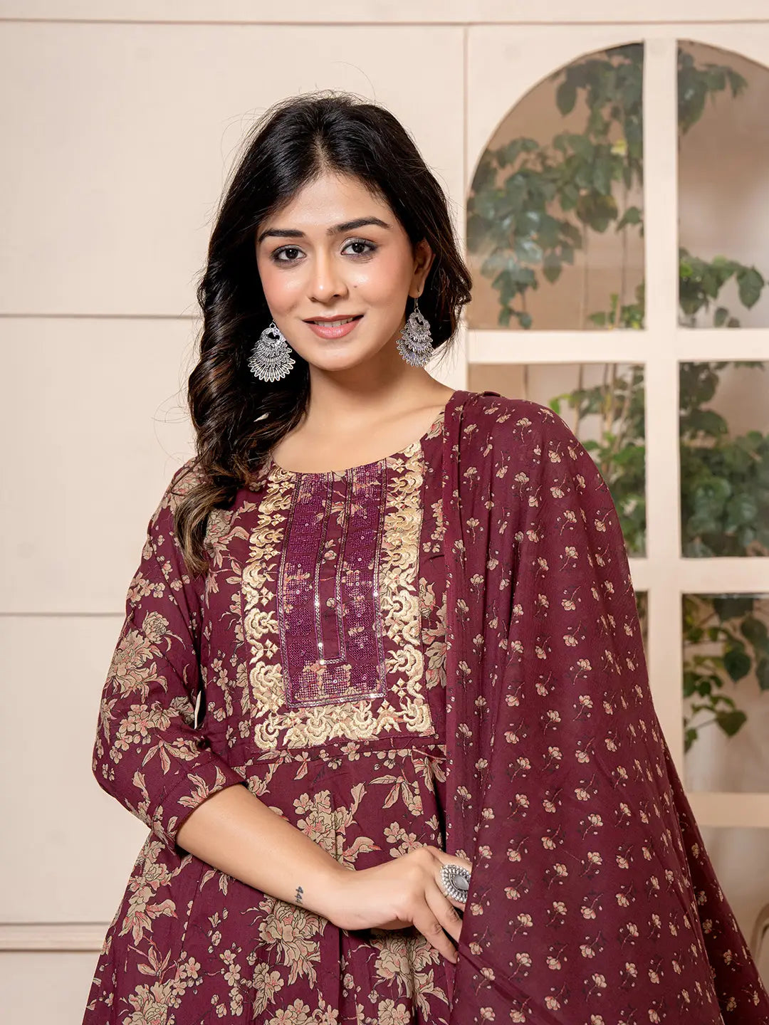 Yufta Cotton Burgundy Anarkali Dupatta Set - Swadesiicart