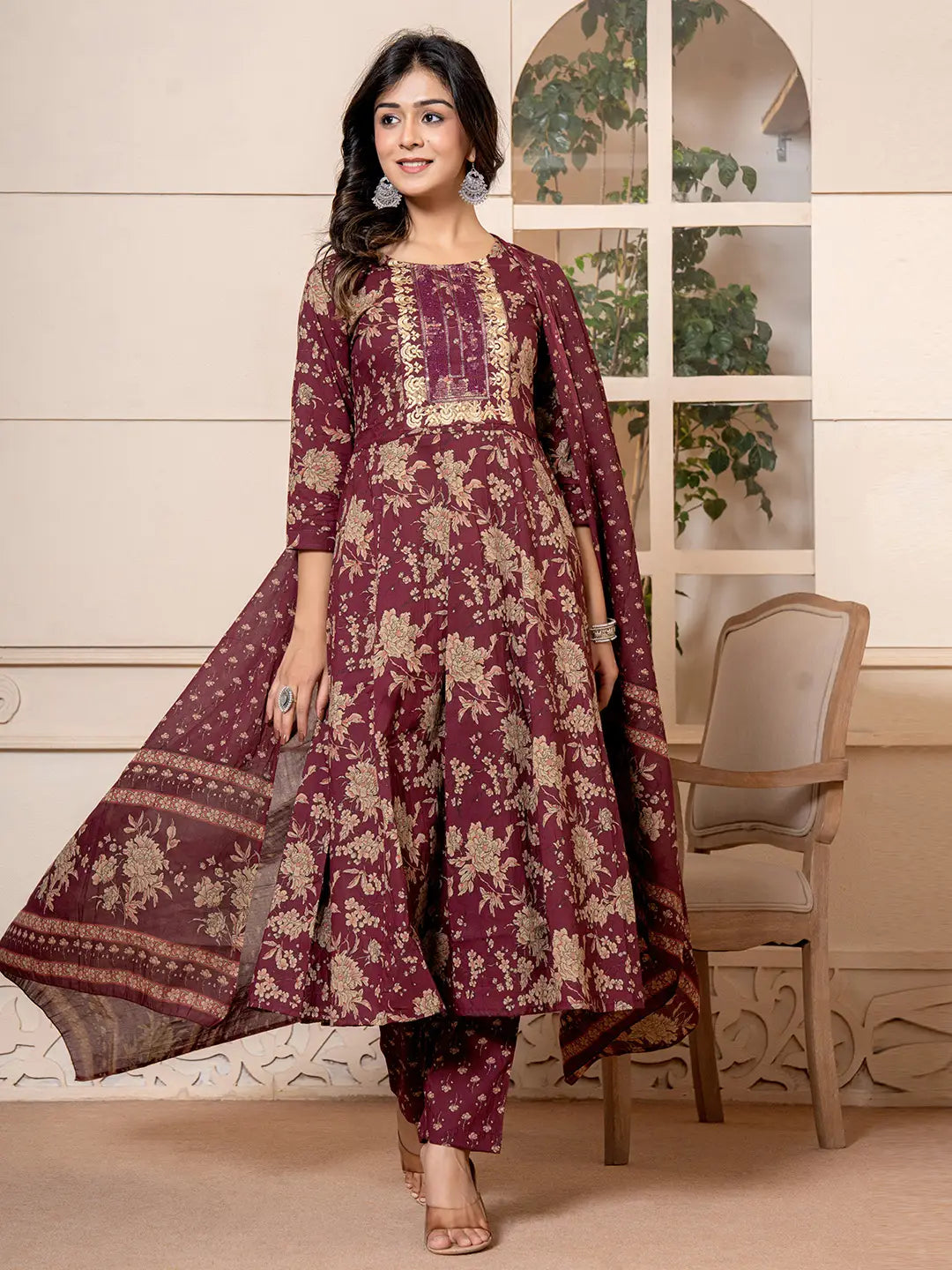 Yufta Cotton Burgundy Anarkali Dupatta Set - Swadesiicart