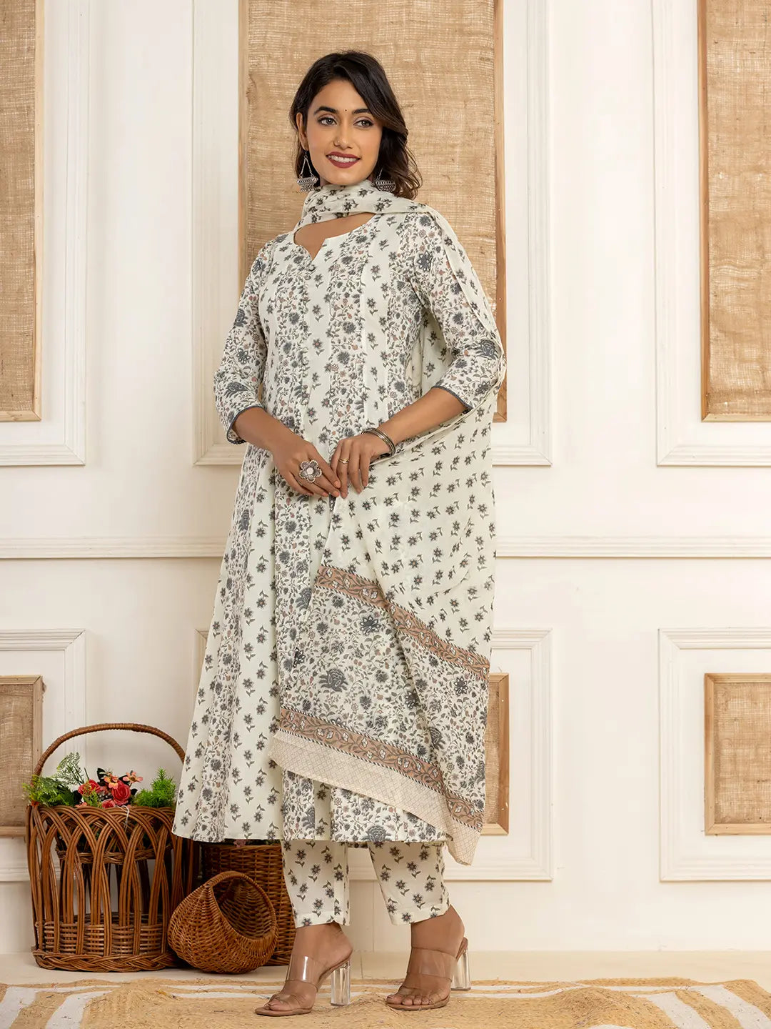 Yufta Cotton Cream Anarkali Kurta Dupatta Set - Swadesiicart