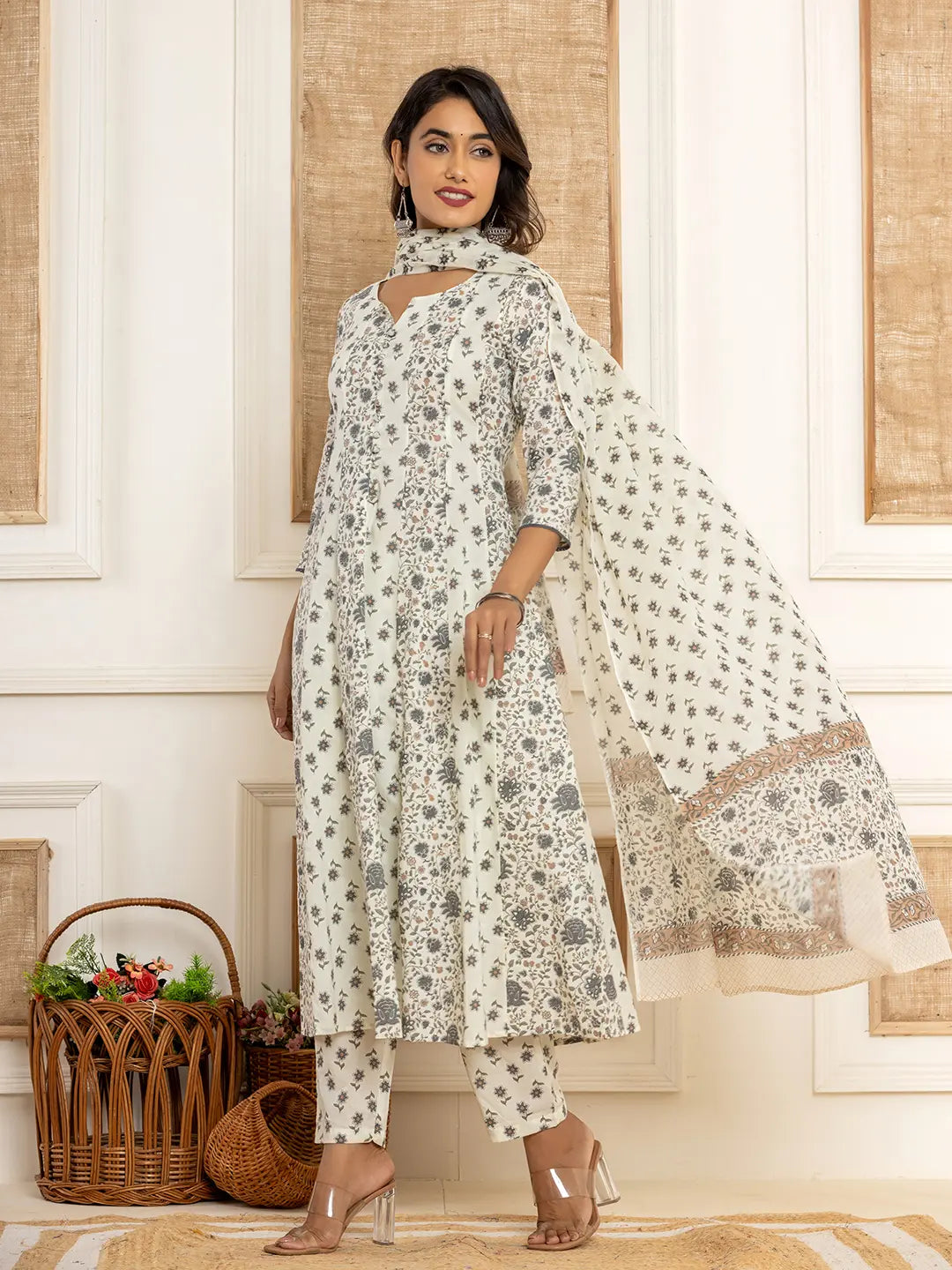 Yufta Cotton Cream Anarkali Kurta Dupatta Set - Swadesiicart