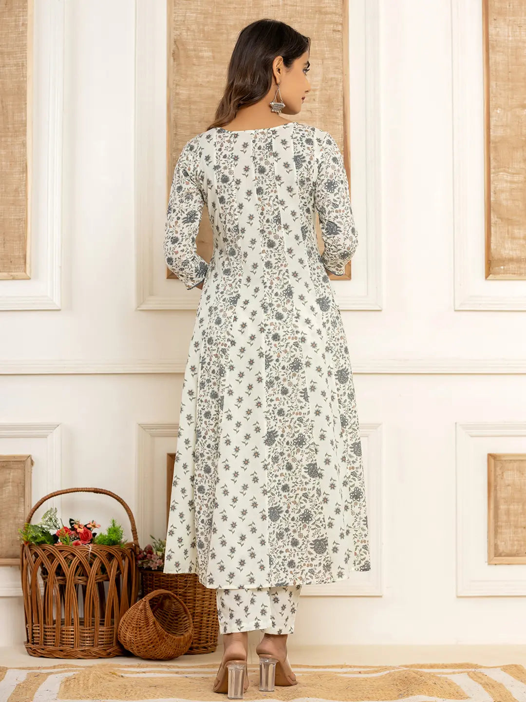 Yufta Cotton Cream Anarkali Kurta Dupatta Set - Swadesiicart