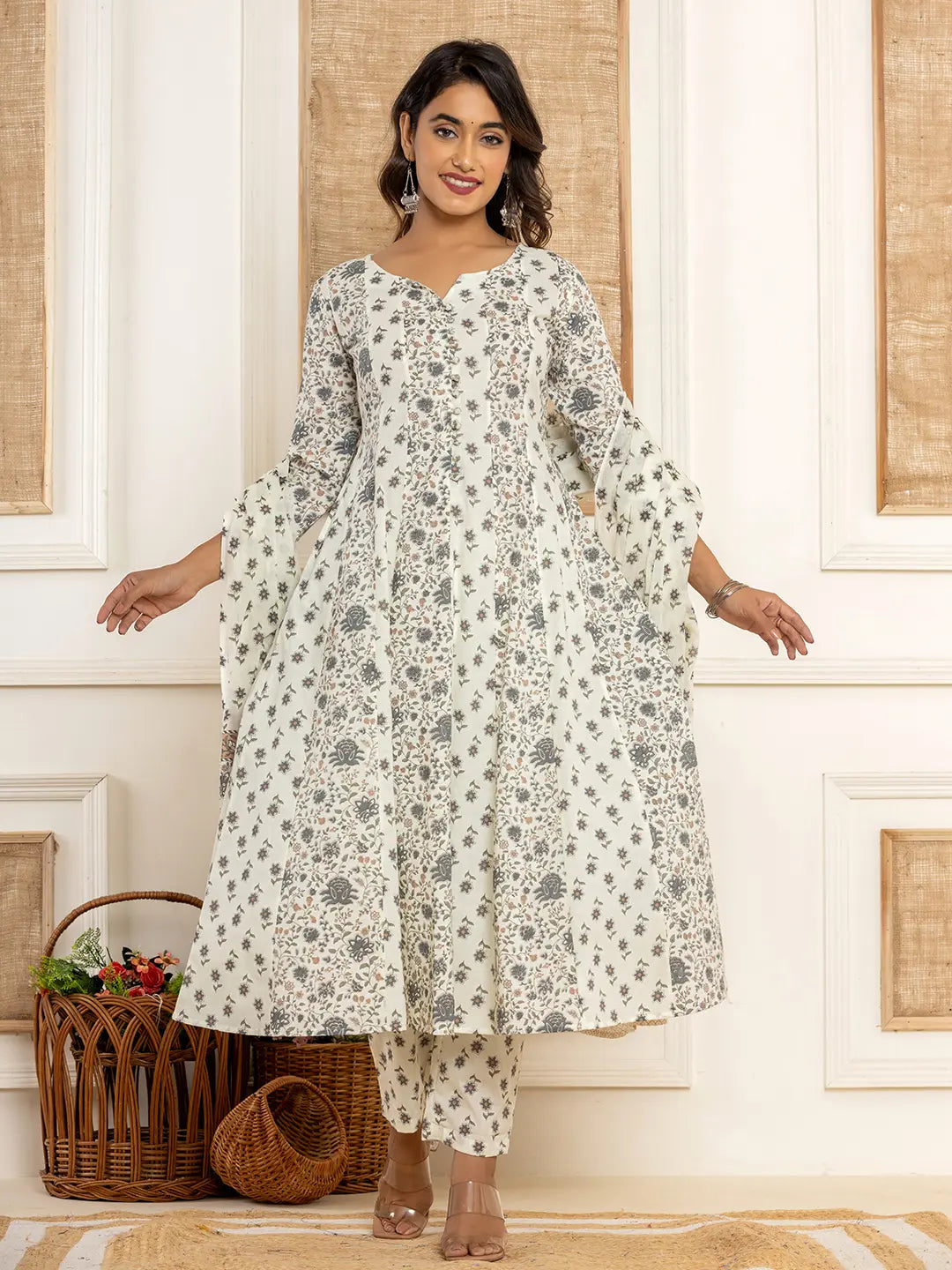 Yufta Cotton Cream Anarkali Kurta Dupatta Set - Swadesiicart