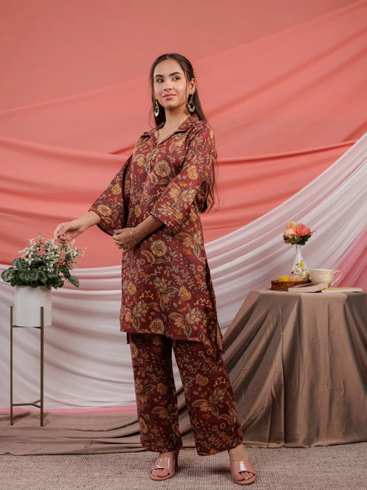 Yufta Cotton Digital Printed Maroon Workwear Co-Ord Set With Pintuck Detailing On Sleeves - Swadesiicart