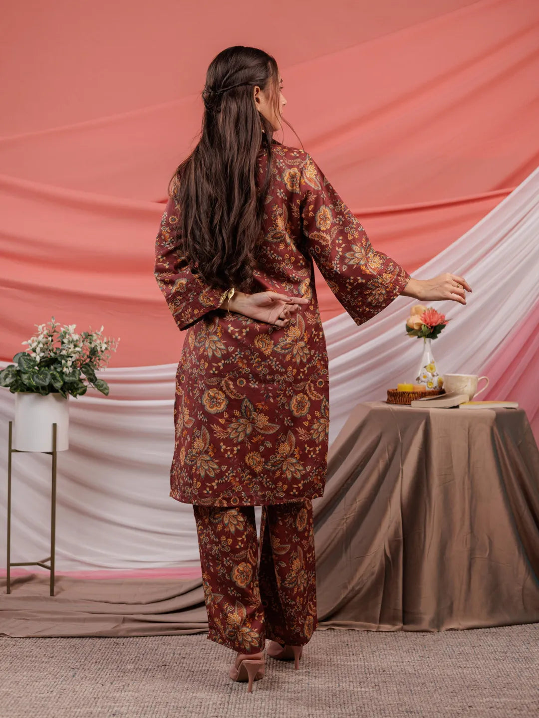 Yufta Cotton Digital Printed Maroon Workwear Co-Ord Set With Pintuck Detailing On Sleeves - Swadesiicart