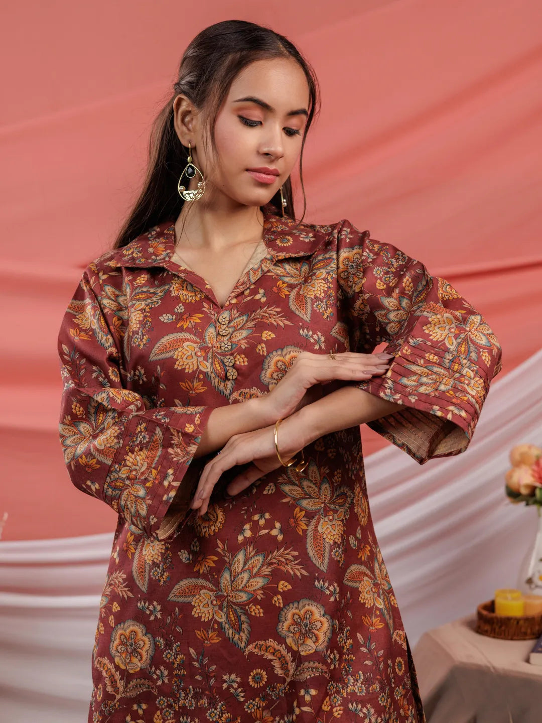 Yufta Cotton Digital Printed Maroon Workwear Co-Ord Set With Pintuck Detailing On Sleeves - Swadesiicart