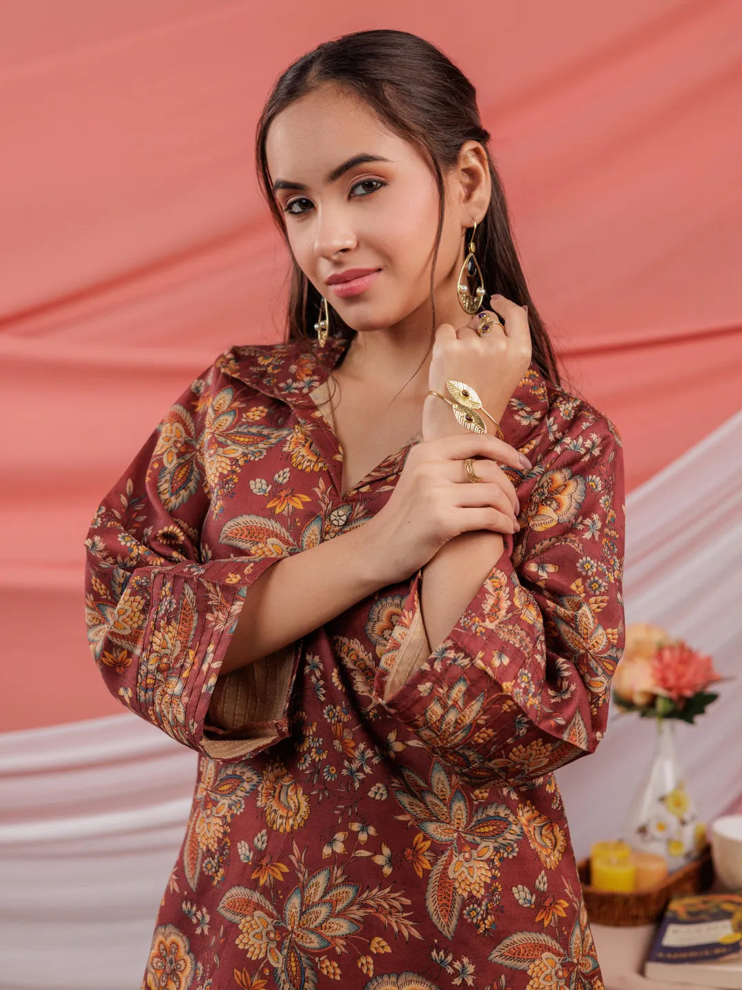 Yufta Cotton Digital Printed Maroon Workwear Co-Ord Set With Pintuck Detailing On Sleeves - Swadesiicart