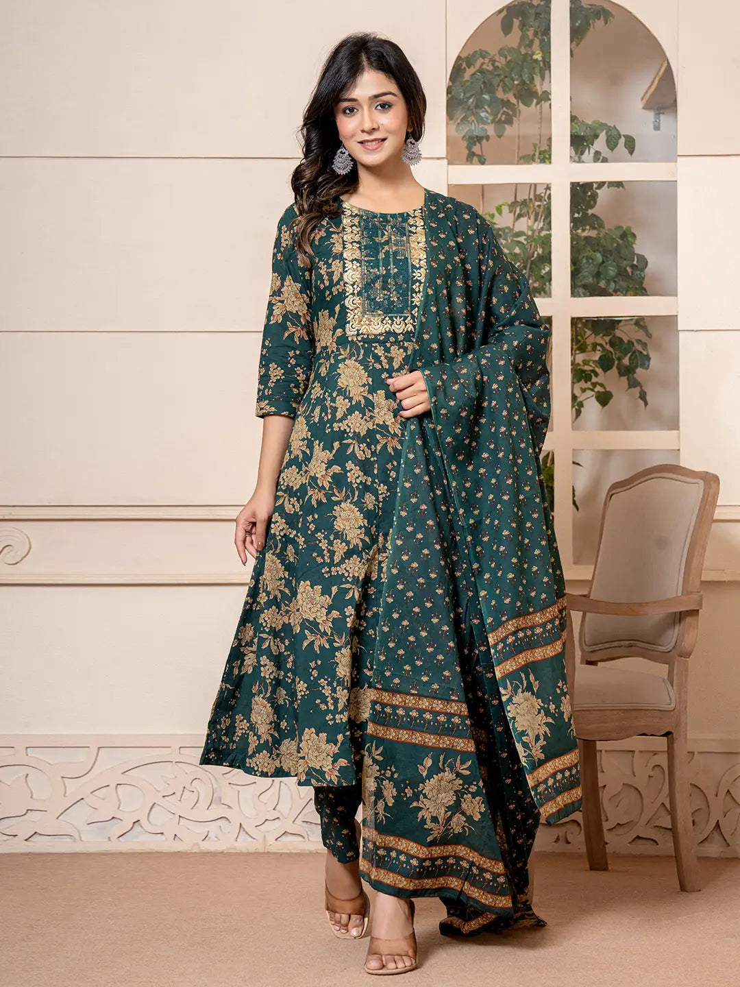 Yufta Cotton Green Anarkali Dupatta Set - Swadesiicart