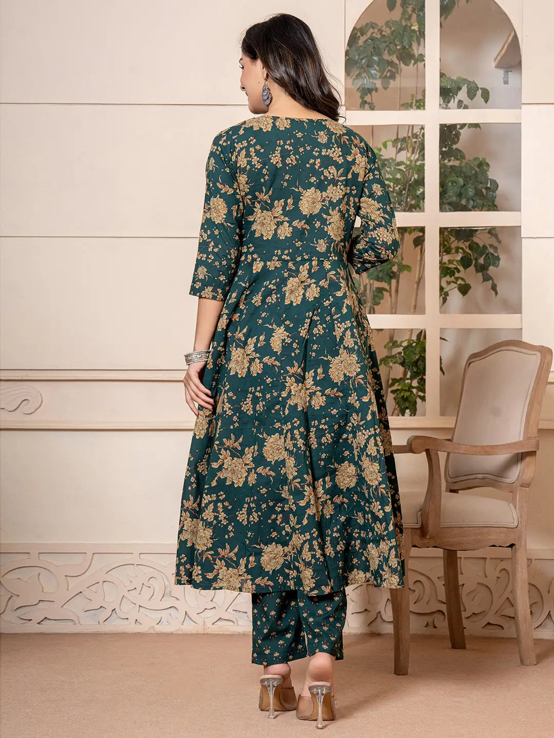 Yufta Cotton Green Anarkali Dupatta Set - Swadesiicart