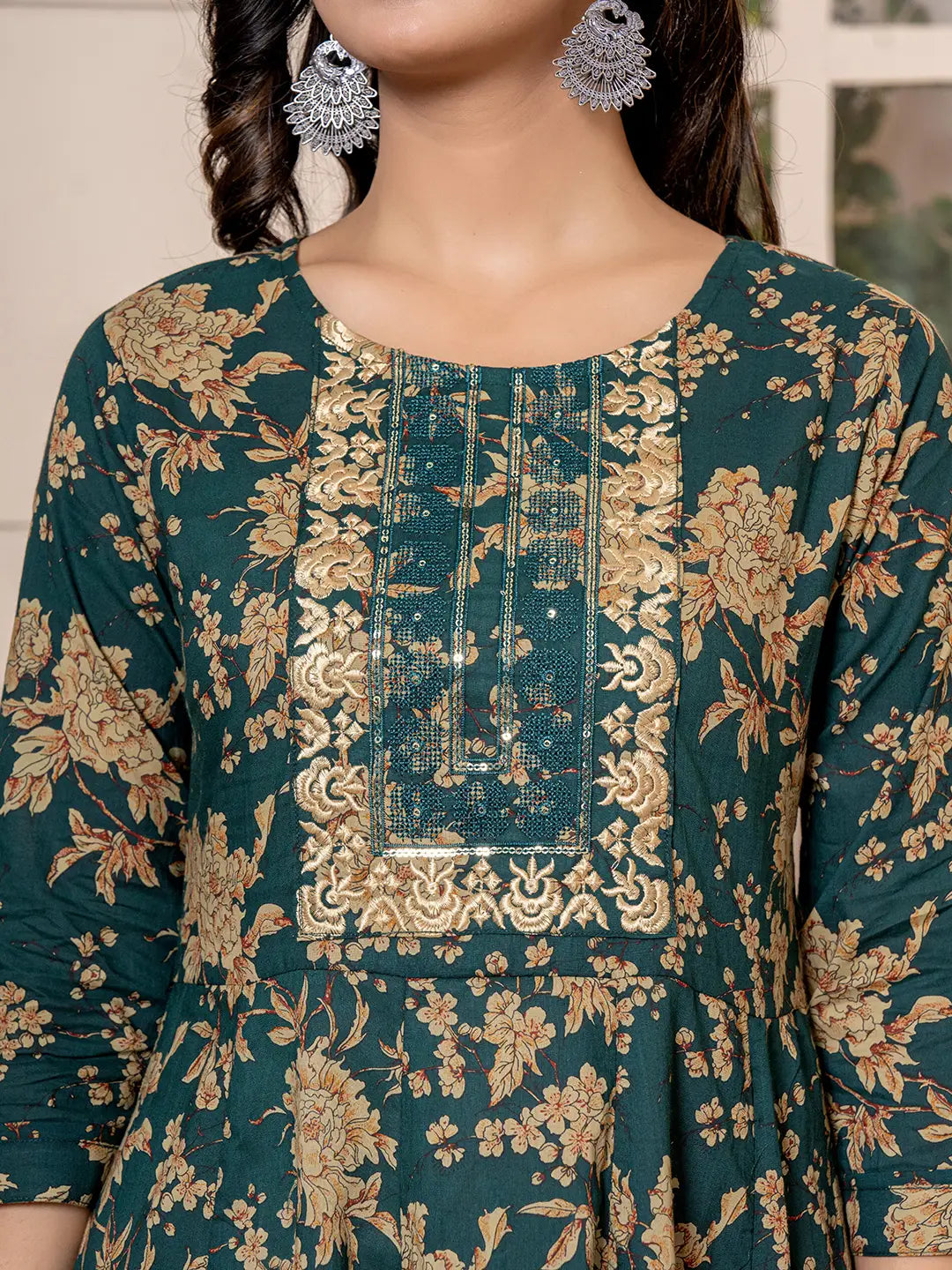 Yufta Cotton Green Anarkali Dupatta Set - Swadesiicart