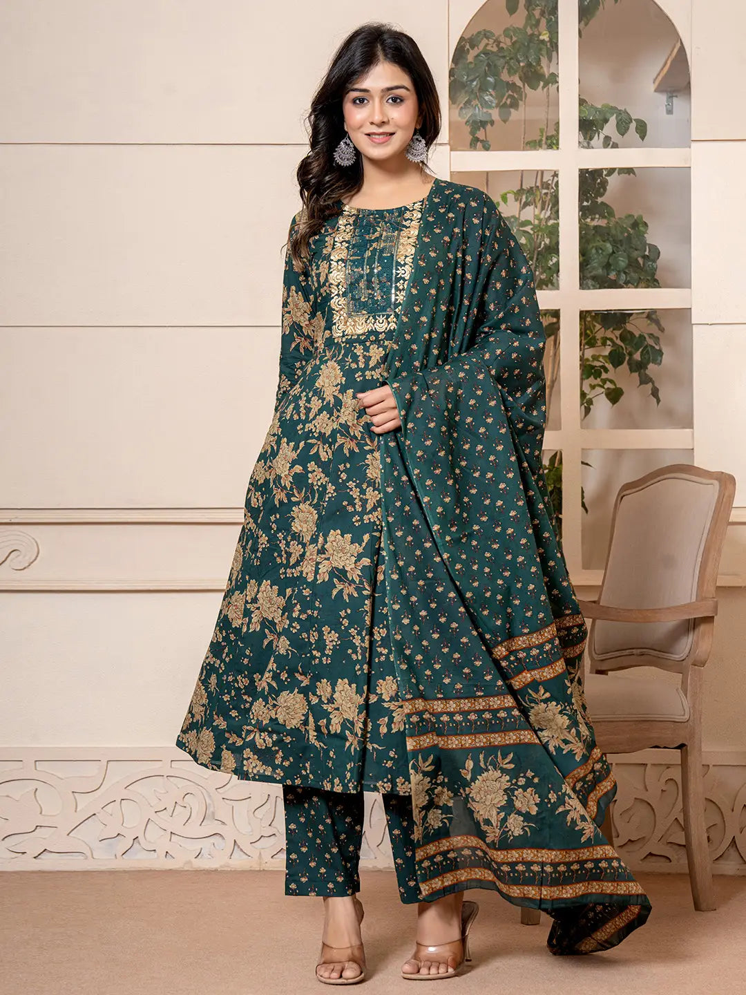 Yufta Cotton Green Anarkali Dupatta Set - Swadesiicart