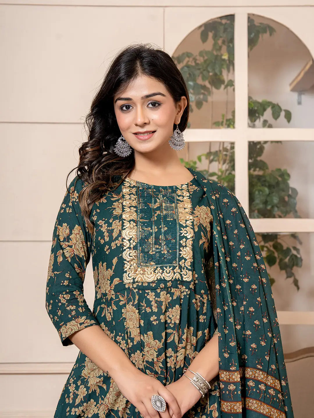 Yufta Cotton Green Anarkali Dupatta Set - Swadesiicart