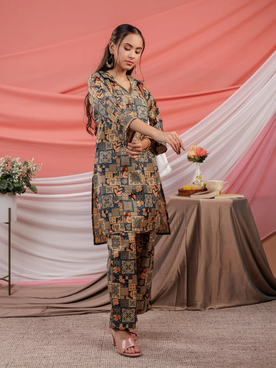 Yufta Cotton Green Digital Printed Workwear Co-Ord Set With Pintuck Detailing On Sleeves - Swadesiicart
