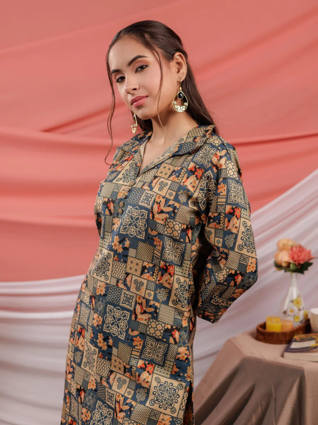 Yufta Cotton Green Digital Printed Workwear Co-Ord Set With Pintuck Detailing On Sleeves - Swadesiicart