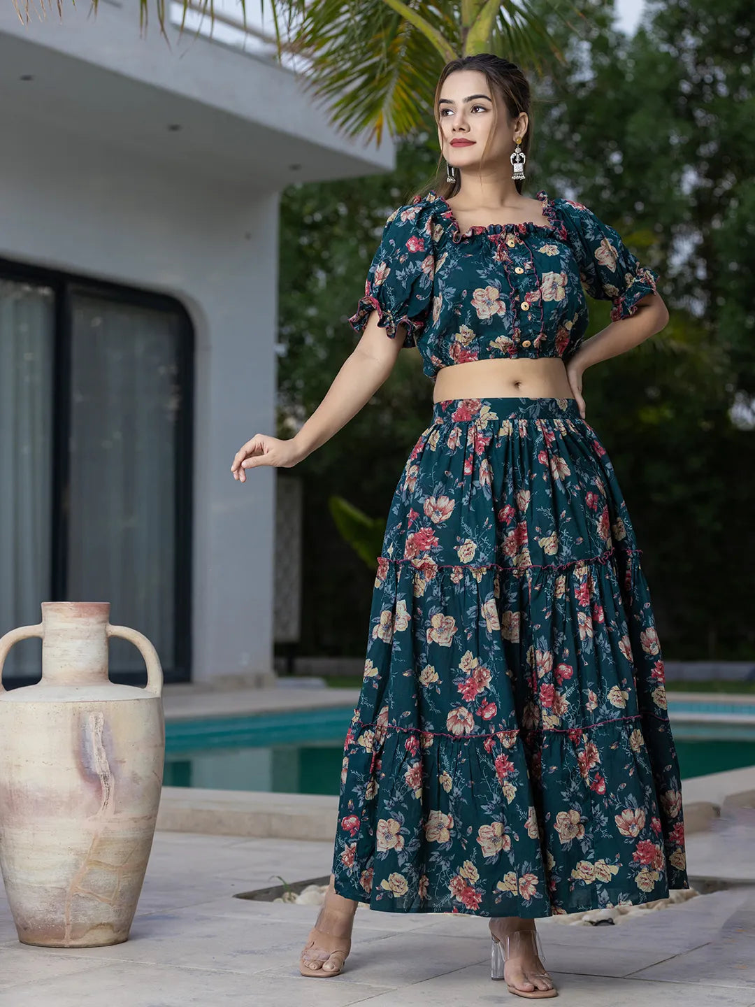 Yufta Cotton Green Skirt Co-Ord Set - Swadesiicart