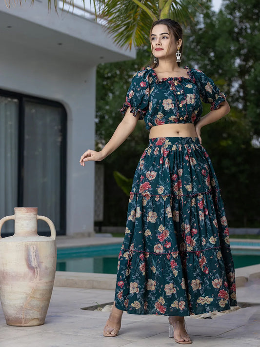 Yufta Cotton Green Skirt Co-Ord Set - Swadesiicart