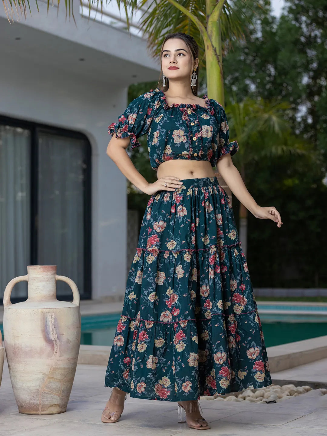 Yufta Cotton Green Skirt Co-Ord Set - Swadesiicart