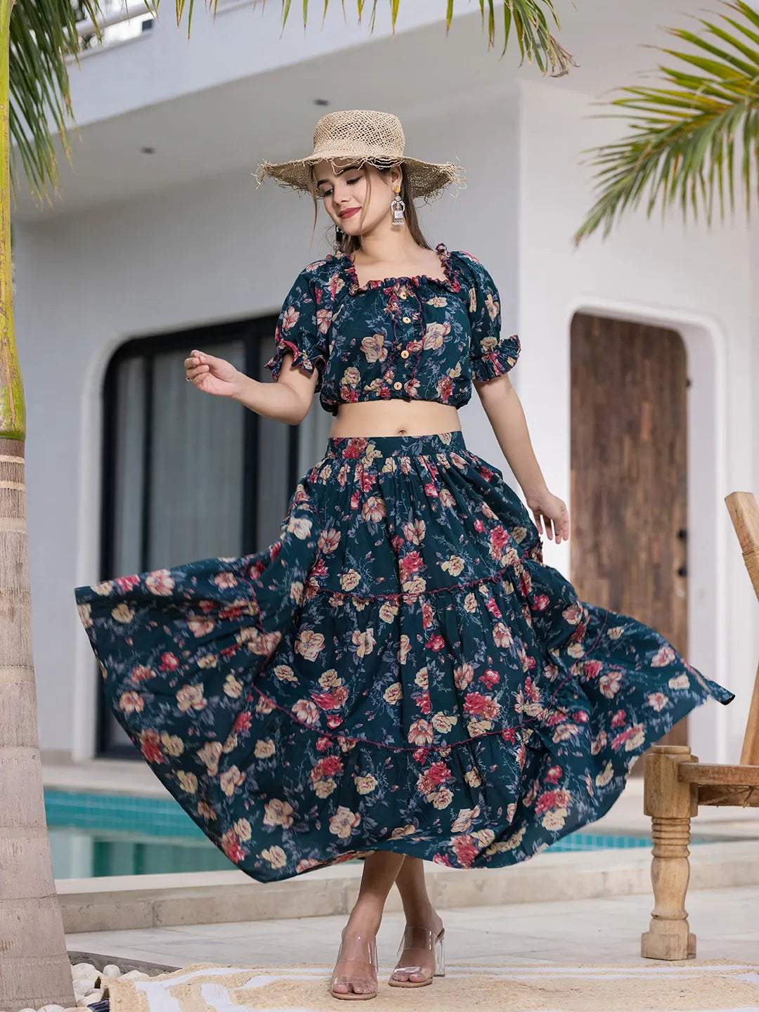 Yufta Cotton Green Skirt Co-Ord Set - Swadesiicart